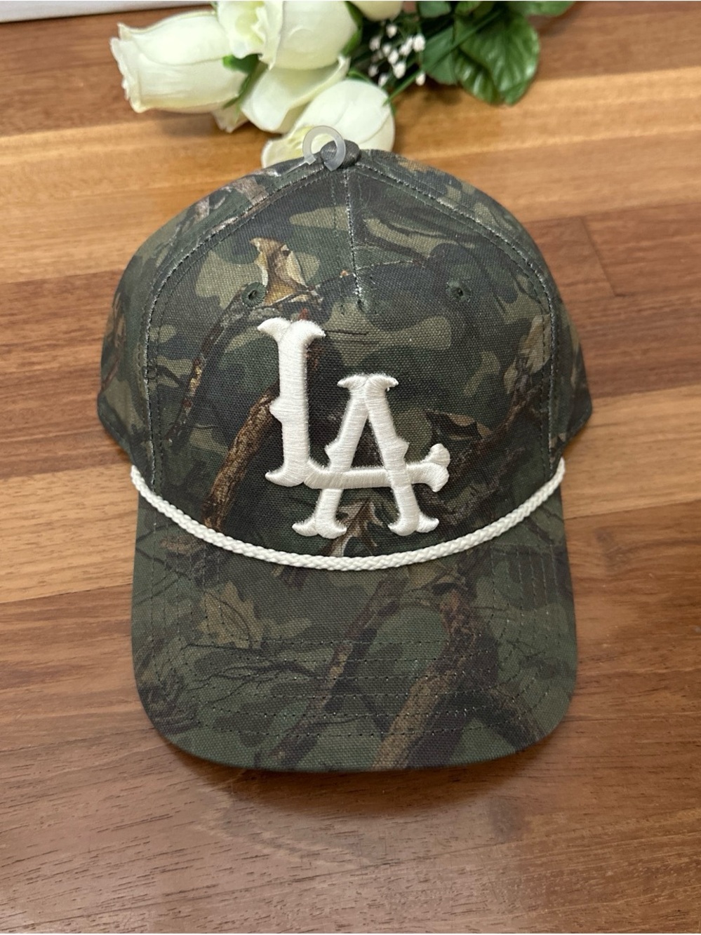 MAD Engine Camo Baseball Cap with White LA Logo and Rope